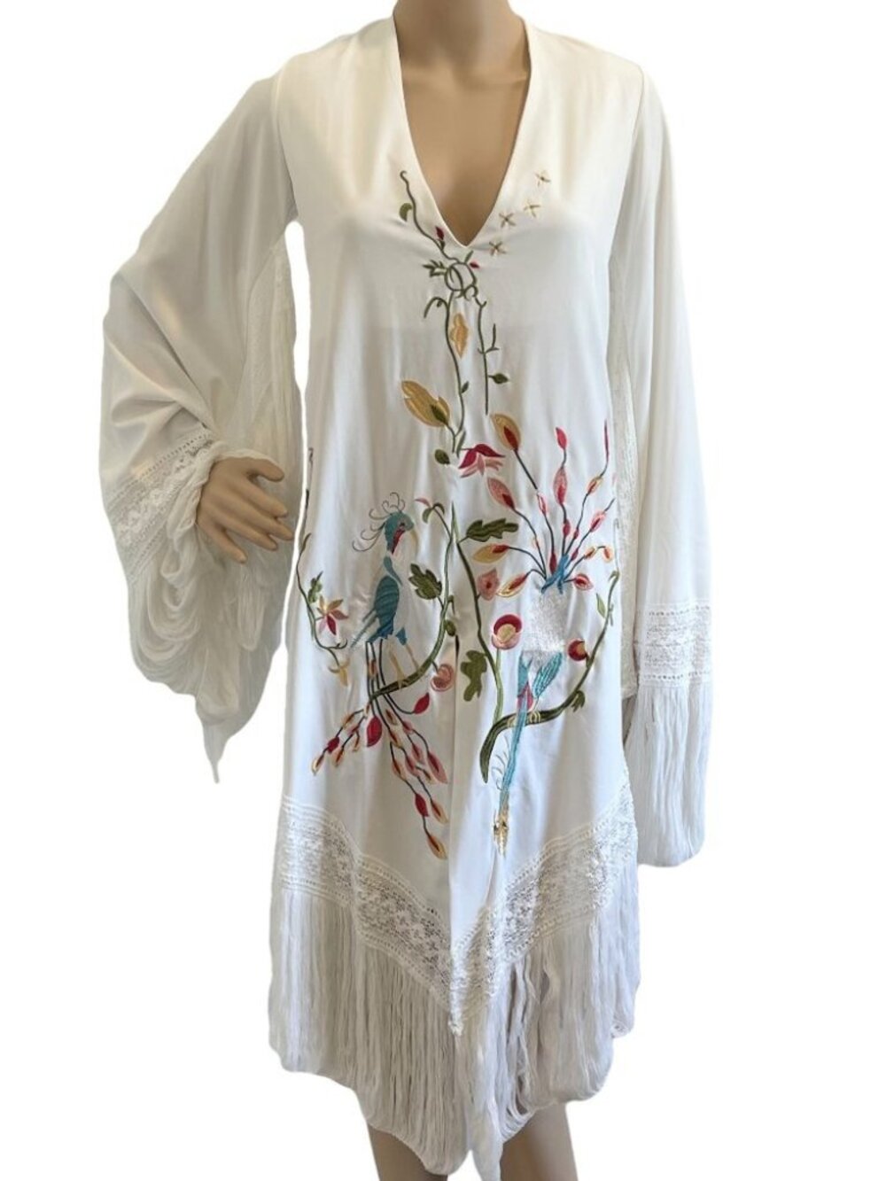 NWT Medium White Peacock-Embroidered Boho Fringe Dress, Raquel Welch photoshoot